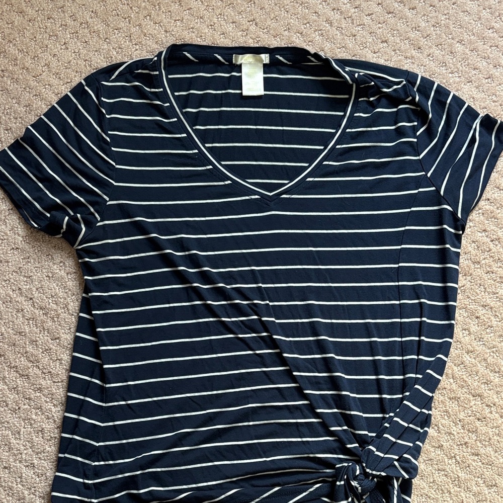 Matty M Navy and White Striped V-Neck Tee